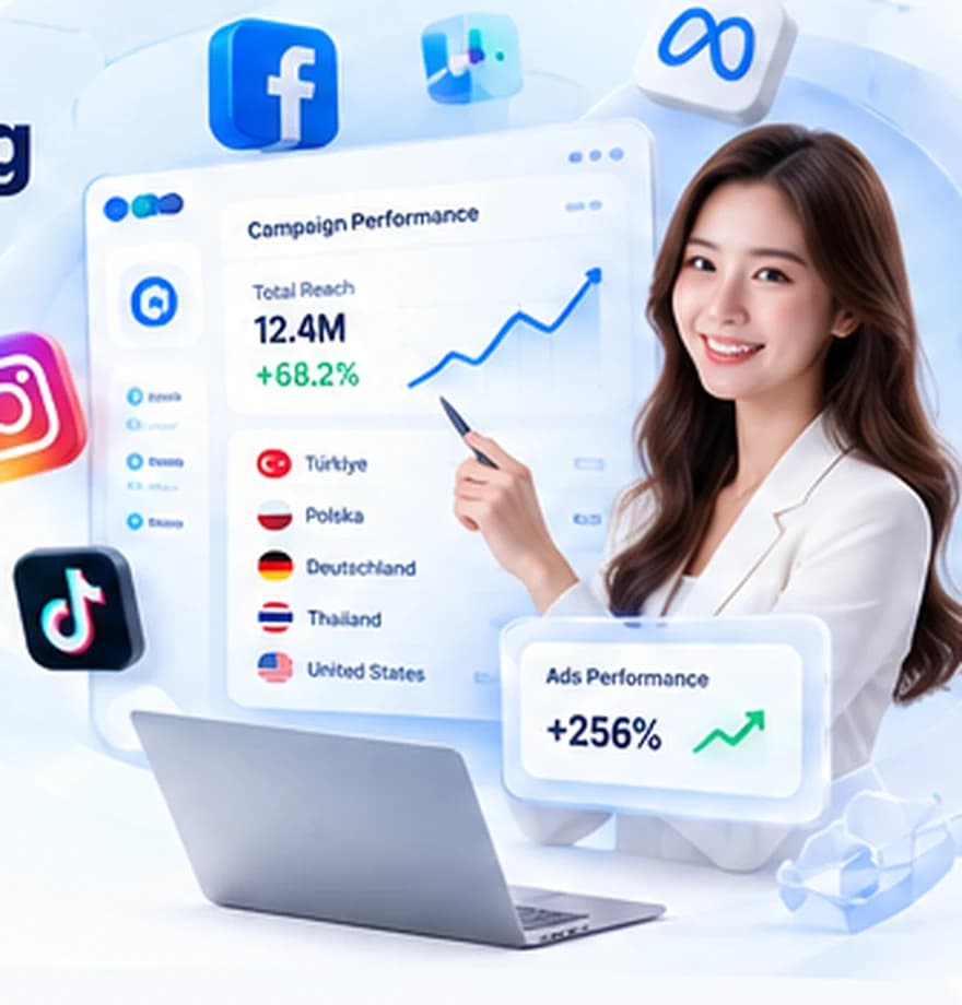 Concept advertising illustration of a professional consultant and campaign dashboard